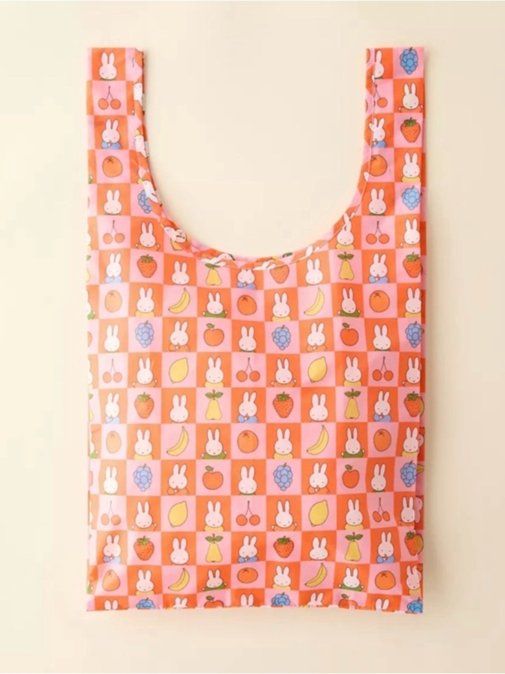 BAGGU miffy Orange Bunny & Fruit checkered Pattern Reusable Tote